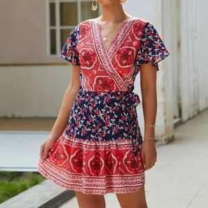 NEW! Cute Boho V Neck Wrap Around Mini Dress Bohemian Pattern Navy Red Trendy